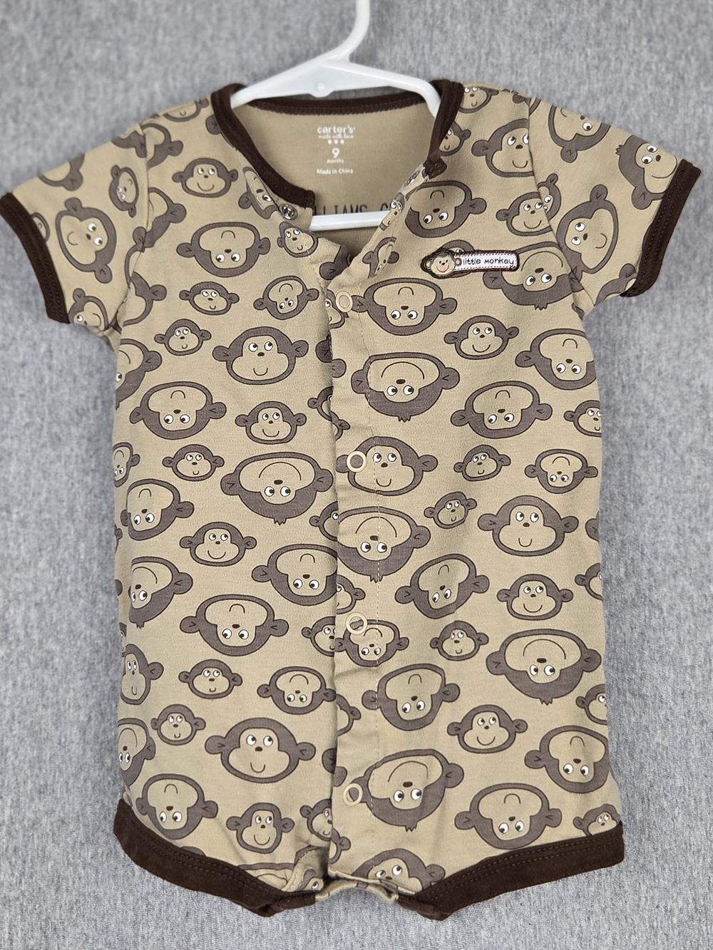 Carter's Beige & Brown Monkey Print Short-Sleeve Snap Romper - Picture 1 of 7